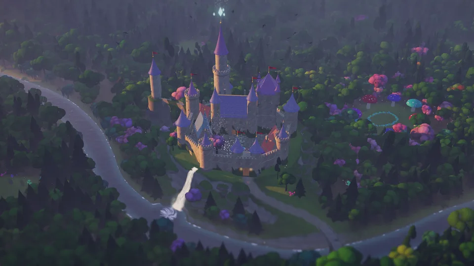 An aerial view of a castle with purple towers in a forest, a river and waterfall beside it