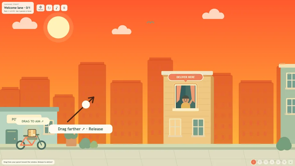 Bouncy Delivery: a parcel on a bicycle at the lower left, an aiming arrow pointing up and right, and a neighbor waving from a lit window under a DELIVER HERE sign