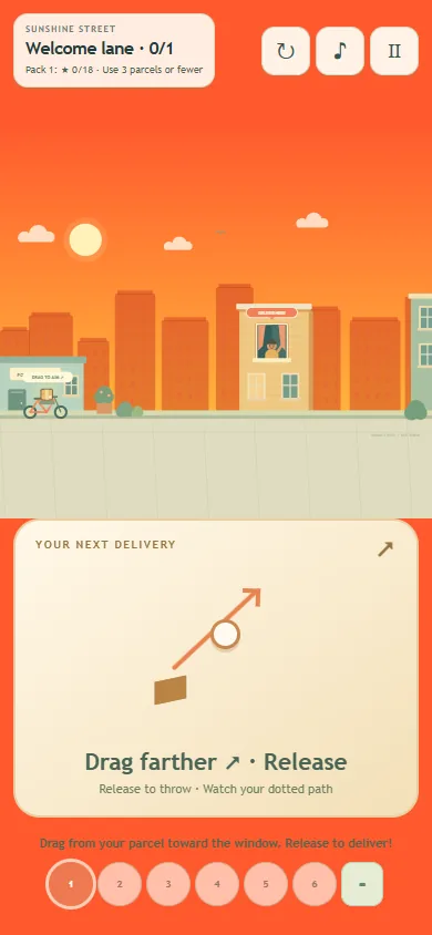 Bouncy Delivery on a phone held upright: the street at the top, a large aim pad with an arrow and a parcel below it, and the six stop buttons at the bottom
