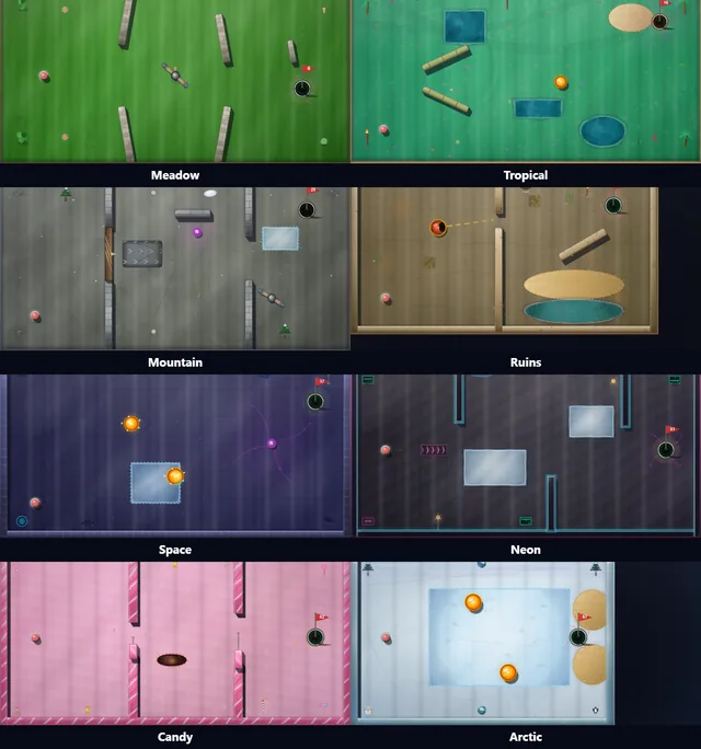 A grid of all eight worlds